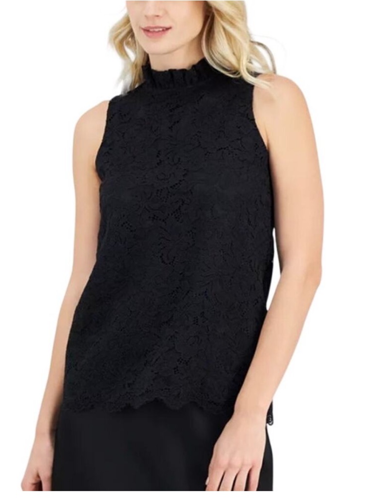 Anne Klein Women's Lace Bow-Back Ruffle-Neck Sleeveless Top In Black M